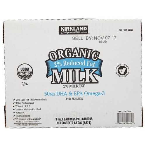 ORGANIC MILK REDUCED FAT 2 % DHA & EPA OMEGA 3 KIRKLAND - HALF GALLON / 1.89 LTS - SET OF THREE