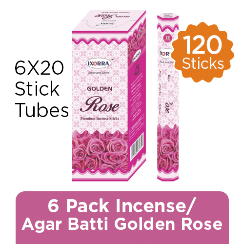 6 PACK INCENSE / AGAR BATTI - GOLDEN ROSE IXORRA - 6 X 20 STICK TUBES - TOTAL 120 STICKS